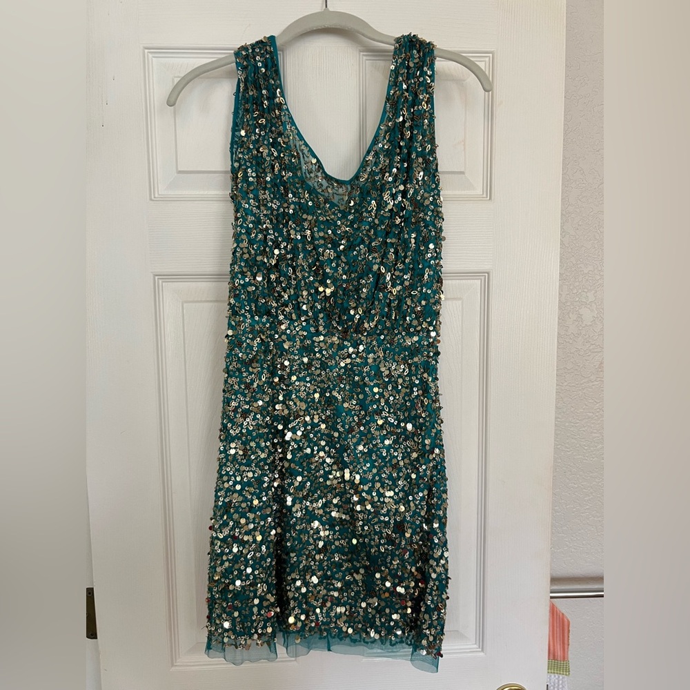 Aidan Mattox Teal and Silver Sequin Backless Dress